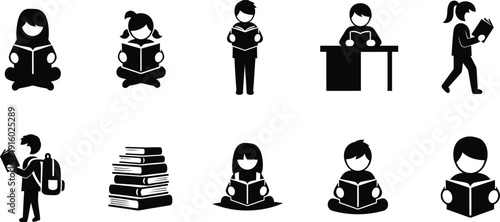 Ten black and white silhouette icons of people reading books and stacks of books