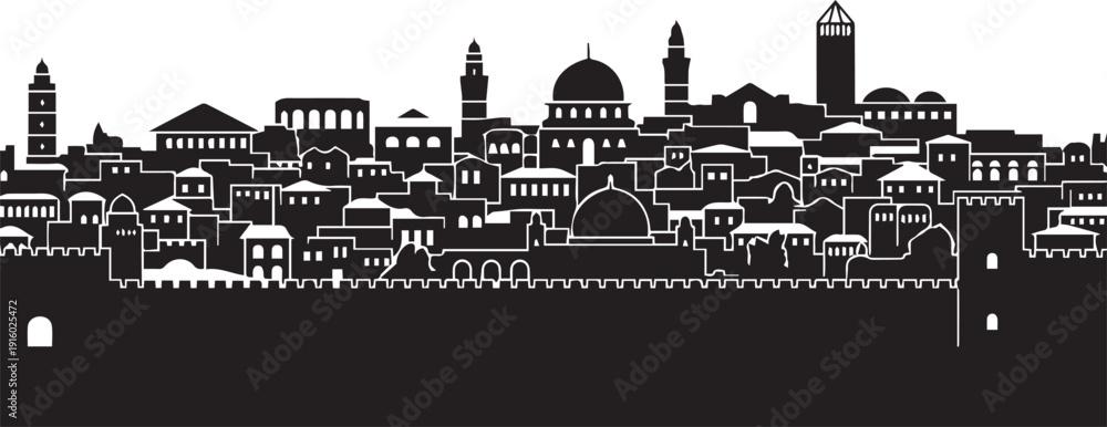 Obraz premium Ancient city silhouette vector skyline with domes and stone walls for vintage line art