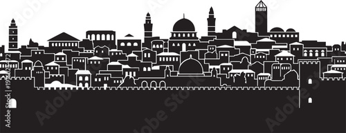 Ancient city silhouette vector skyline with domes and stone walls for vintage line art
