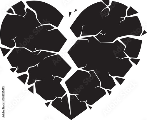 Broken heart silhouette vector with cracks and stone texture fragments for sad line art