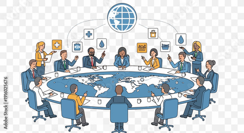 Diverse group discusses global business around a conference table.