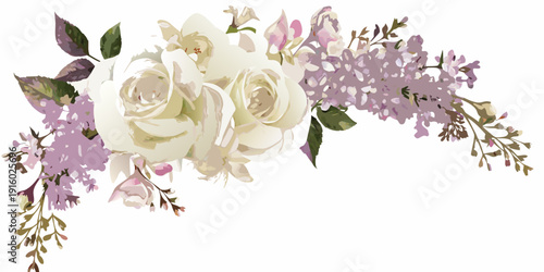 Elegant floral arrangement of roses and lilac with delicate green leaves
