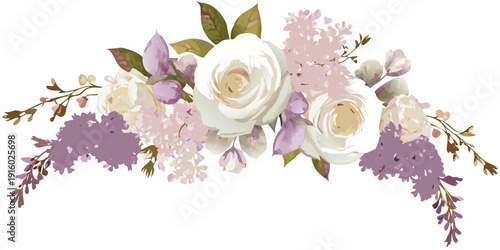 Elegant floral arrangement featuring white roses lavender and delicate foliage