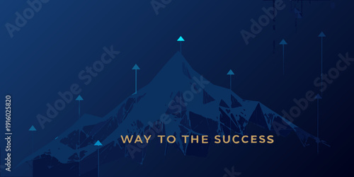 Blue gradient background with mountain peak and upward arrows symbolizing success and progress