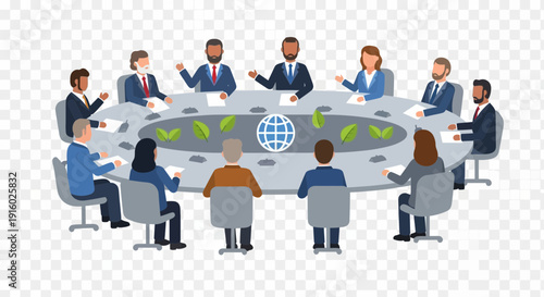 Diverse group of people in a meeting around a circular table.