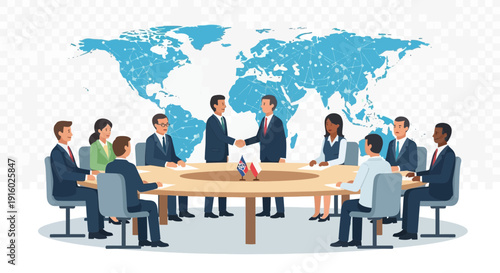 Business meeting with people shaking hands in front of world map.