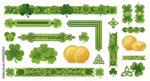 Collection of shamrocks and gold coins for St. Patrick's Day celebration
