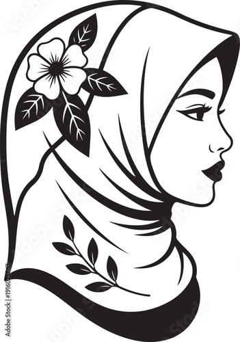 Black and white profile of a woman wearing a hijab adorned with flowers and leaves headscarf