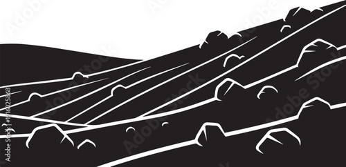 Rocky field silhouette vector showing stony landscape with hills and farm soil line art