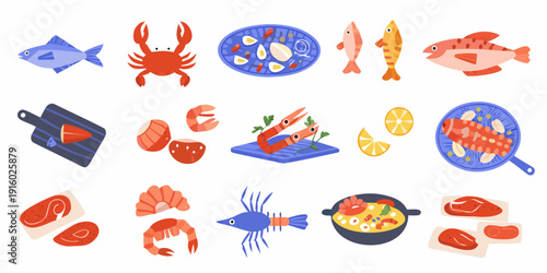 Flat lay illustration of various seafood dishes ingredients and culinary tools on white background