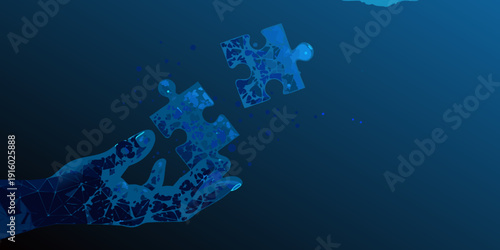 A hand holds a puzzle piece above another suggesting connection and problem solving in a deep blue setting