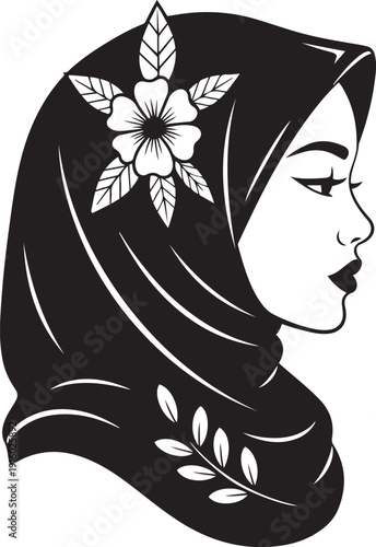 Black and white silhouette of a woman wearing a hijab adorned with flowers and leaves floral