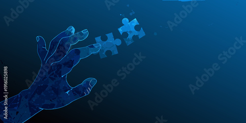 A hand reaching out to connect puzzle pieces floating in a deep blue underwater scene