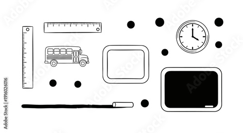 School Supplies and Educational Tools Illustration - Rulers, Bus, Chalkboard, Clock, and More.