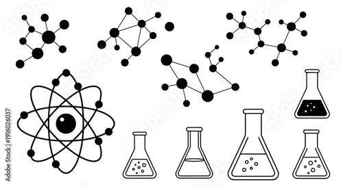 Science and Chemistry Elements Set with Molecules and Laboratory Glassware.