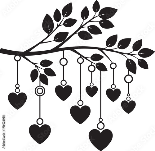 Black silhouette of a tree branch with hanging hearts and leaves white