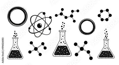 Science Elements - Atoms, Molecules, and Flasks in Black and White.