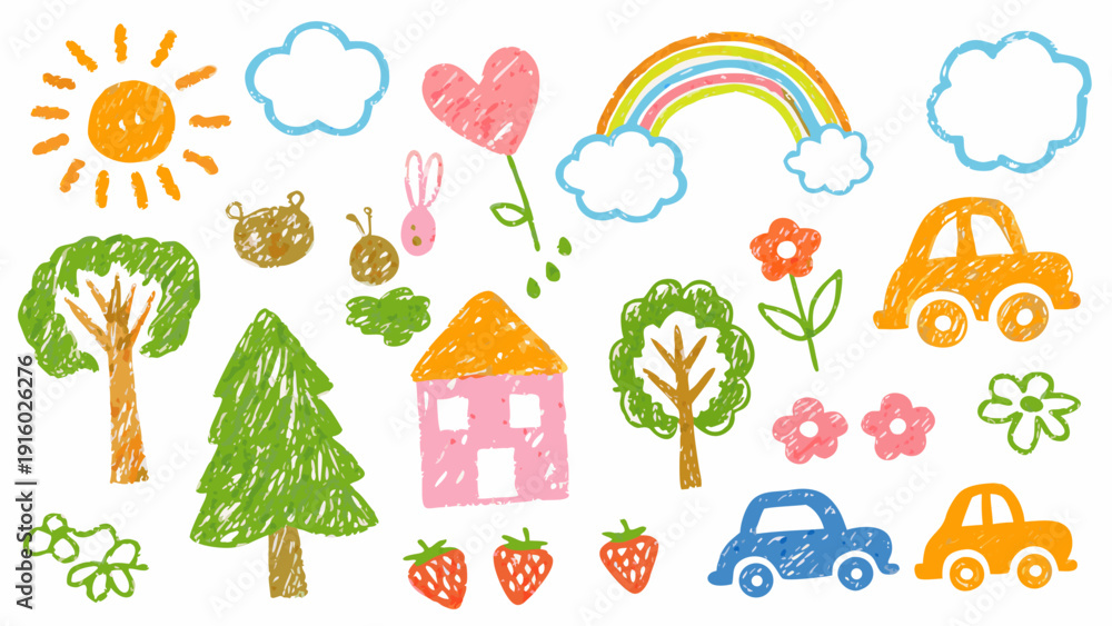 Fototapeta premium Colorful crayon drawings of nature vehicles and whimsical shapes on a white background