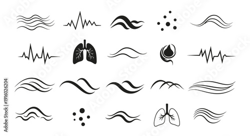 Set of black icons representing breathing air flow and health.