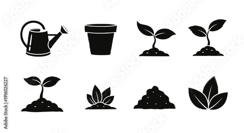 Set of black silhouette gardening and plant growth icons.