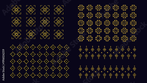 Golden geometric patterns arranged in a grid on a dark background showcasing intricate design elements