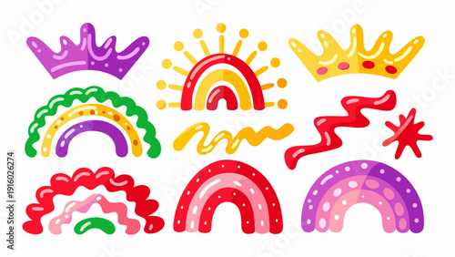 Colorful crowns rainbows and whimsical shapes arranged in a playful and decorative collection