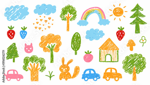 Colorful crayon drawing depicting a whimsical landscape with trees fruits animals and a rainbow