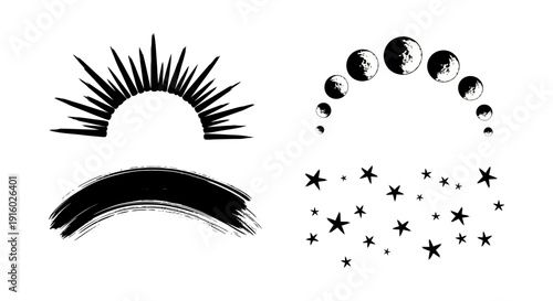 Set of hand drawn celestial elements in grunge style.