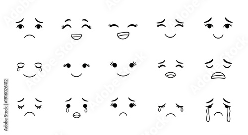 Set of hand drawn cute cartoon facial expressions and emotions.