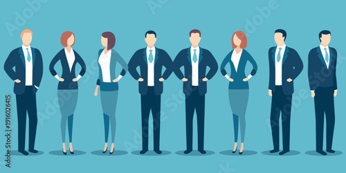 A line of diverse business professionals standing in formal attire a corporate team