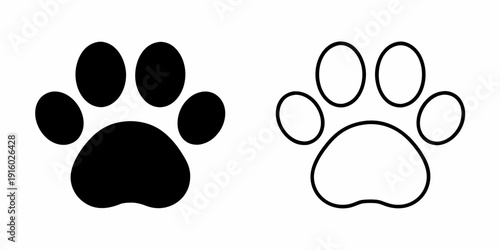 Black and white illustration of two animal paw prints one filled and one outlined