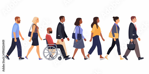 Diverse group of people walking in a row including a person using a wheelchair