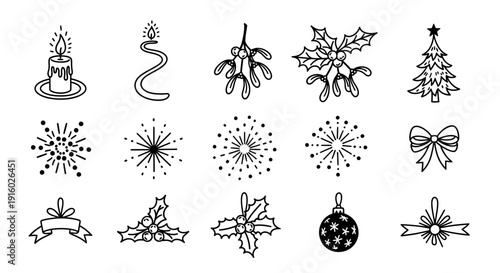 Set of hand drawn Christmas and New Year doodle icons.