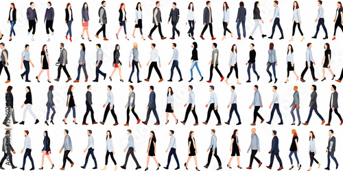 Diverse group of people walking in a row showcasing various styles and body types in motion