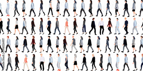 Multiple silhouettes of diverse people walking in a rhythmic repeating motion across a white background