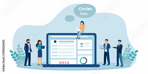 Illustration depicting data analysis with circles people and a large digital screen representing business insights