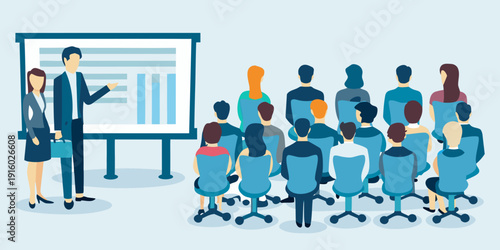 A businesswoman presents a presentation to an audience of people in a lecture or conference setting