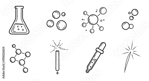 Set of Hand Drawn Science Icons and Symbols for Chemistry and Research.