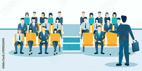 Business meeting illustration audience seated and a presenter giving a speech