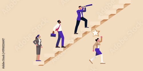 Business people climbing stairs aiming for a star representing career advancement and goals