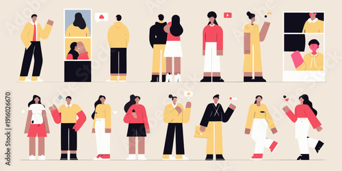 Stylized illustration depicts diverse people in windows showcasing various outfits and poses