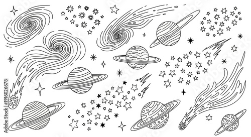 Set of hand drawn space doodles including planets galaxies and comets.