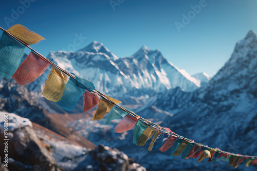 Colorful prayer flags fluttering over Himalayan snow peaks with spiritual mountain landscape