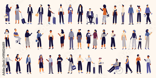 Diverse group of people in business attire walking standing and using a wheelchair in a row