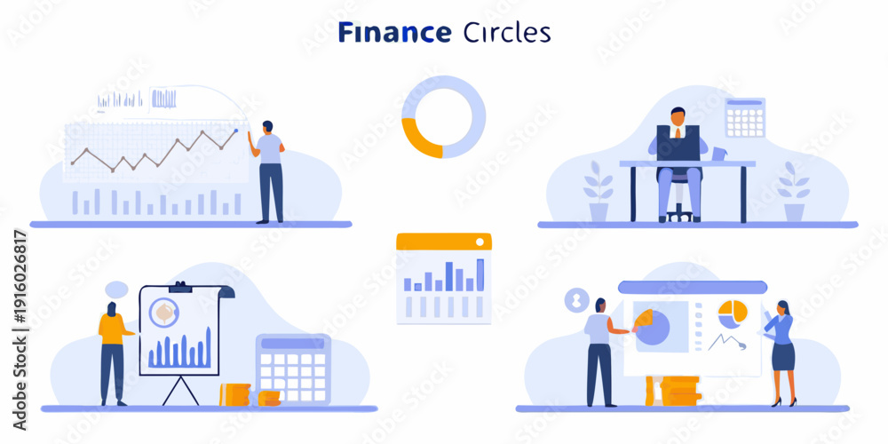Obraz premium Finance circles illustration depicting business growth analysis and strategic planning with people