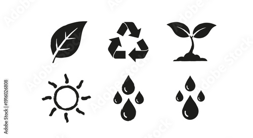 Set of six environmental icons representing nature and sustainability concepts.