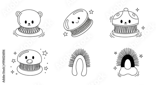 Set of six adorable cartoon-style cleaning brushes with cute animal faces.