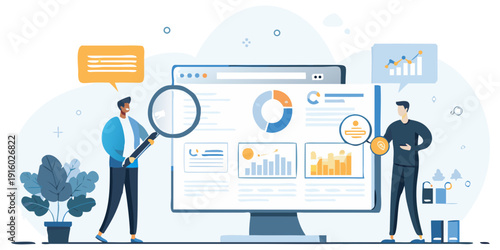 Illustration depicting data analysis insights and digital marketing strategies with two figures examining a screen