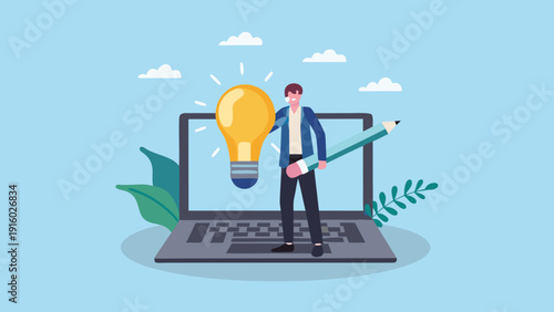 A young man stands with a pencil and lightbulb near a laptop symbolizing creativity and innovation