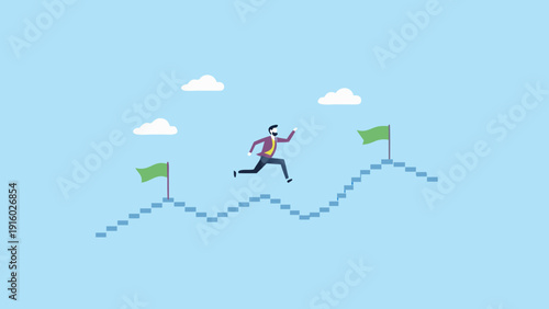 A businessman runs towards flags atop a winding path representing success and achieving goals